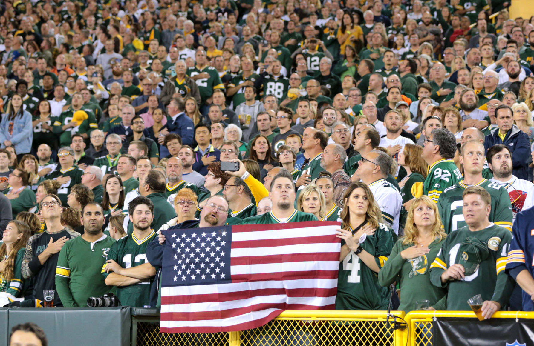 Lambeau Field fans during national anthem, State Journal photo, generic file photo